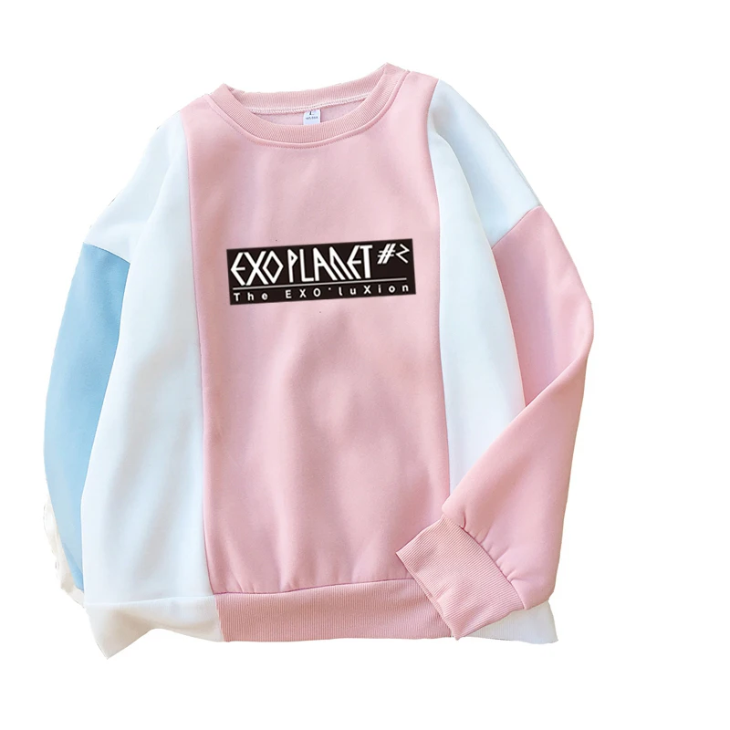 

Autumn EXO Kpop Fashion Letter Print Hoodie Women Long Sleeve Casual Harajuku Fleece Patchwork Drop Shoulder Sweatshirt Pullover