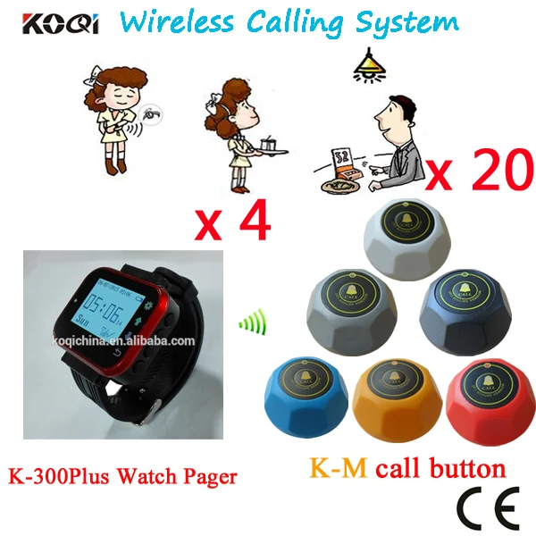

Wireless Restaurant Call System Most Popular Long Range Distance Watcher Pager Equipment With CE Passed(4 watch+20 call button)