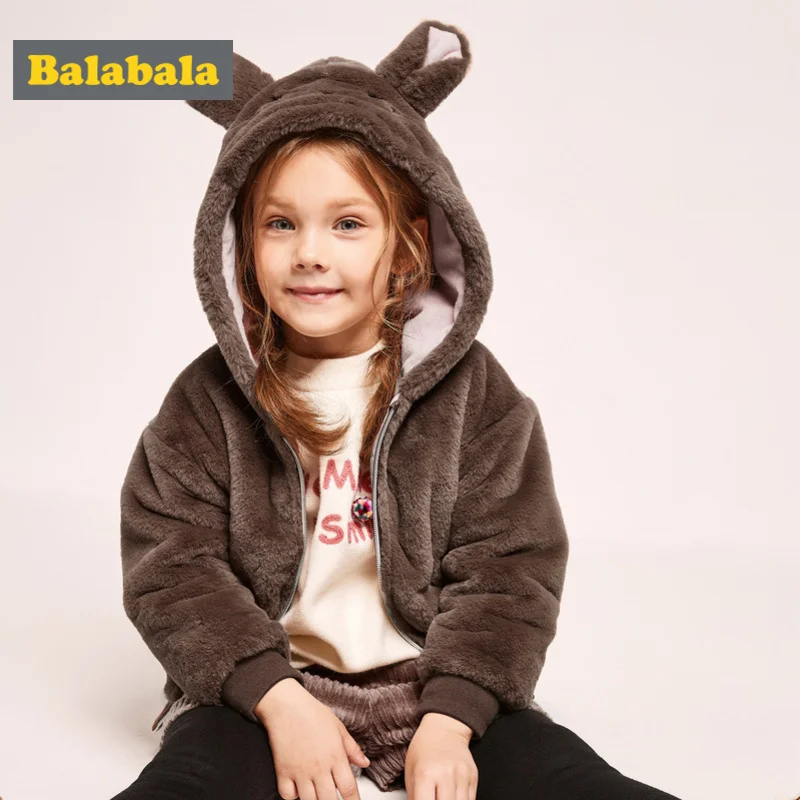 Balabala Toddler Girl Critter Rabbit Fur Hooded Jacket Silky Polyester with Ribbed Cuff and Hem Kids Zip Lined Hood | Детская одежда и