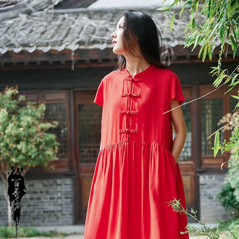 Весенне-летнее хлопковое и льняное женское новое ретро-платье с пряжкой для дома