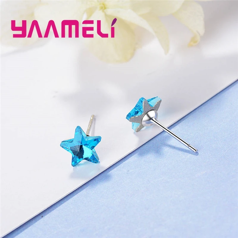 Simple Design Blue Star Shape Stud Earrings For Women Females 925 Sterling Silver Needles Fashion Casual Party Wedding Present | Украшения
