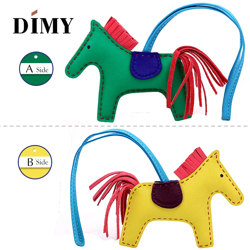 Hand Stitching Mini Leather Horse For Women's Bag Ornament 2-side Bicolor Sheepskin Fringed Petit Pony Rodeo Charm Pendant Bag