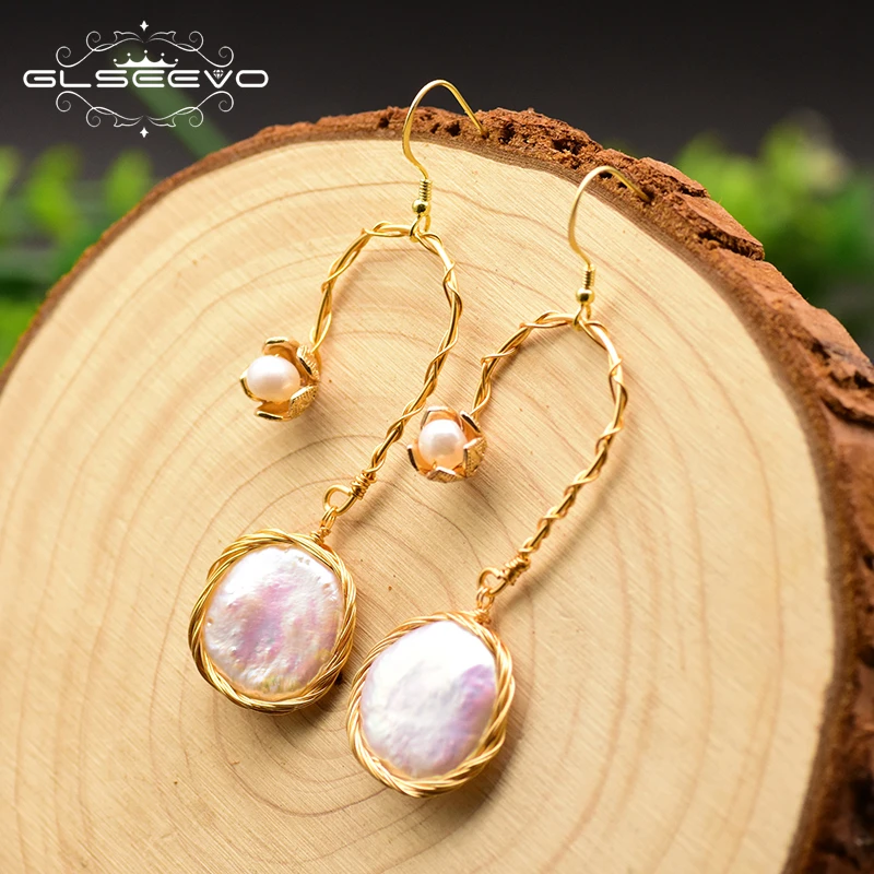 

GLSEEVO Natural Freshwater Pearl Drop Earrings Women's Wedding Personality Pendant Earrings Luxury Jewelry 2020 Trend GE0707