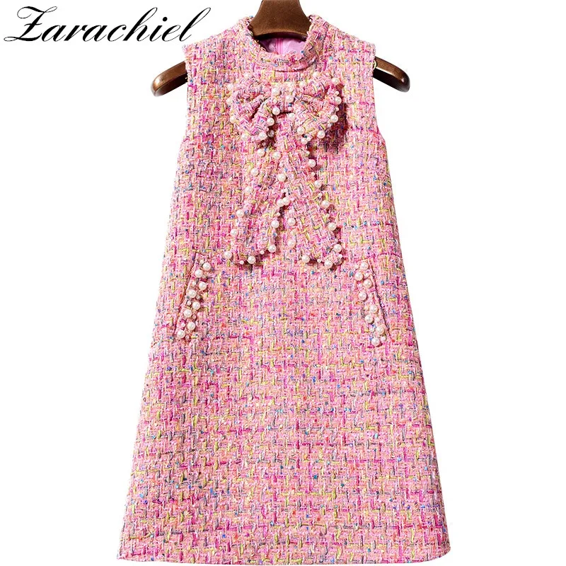 2019 осенне зимнее твидовое платье без рукавов приталенная Женская клетчатая