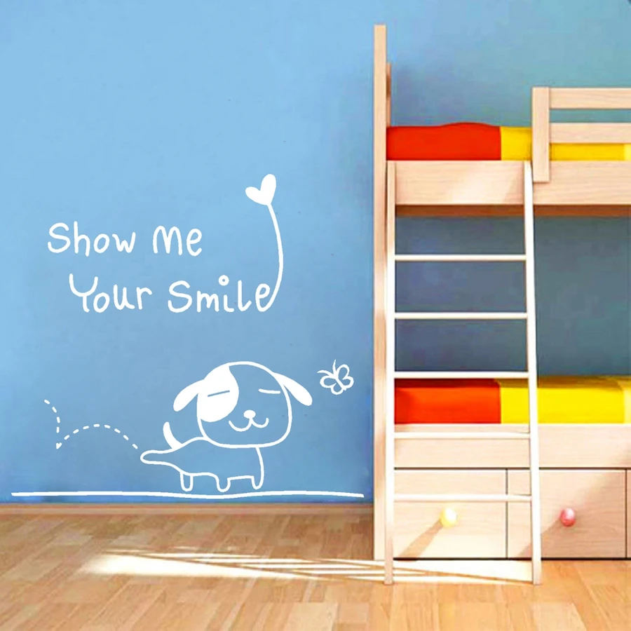 Фото Виниловая наклейка на стену «Show Me Your Smile» с изображением счастливого щенка, украшение детской комнаты №2