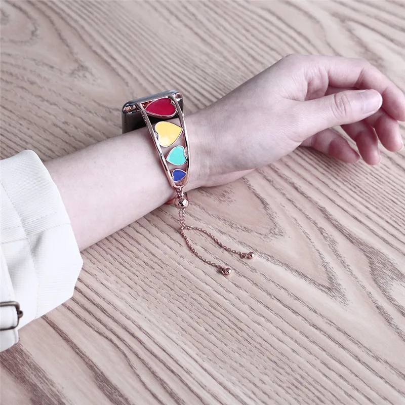 Очаровательные часы из нержавеющей стали для iwatch, женские 38 мм, 42 мм, ремешок для Apple Watch, красочные часы с сердечком, ремешок с кисточкой, Регулируемая пряжка