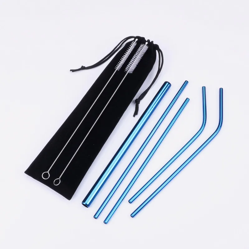 blue 8pcs Reusable Colorful Stainless Steel Drinking Straw High Quality Straight Bent Metal Straw with Cleaning Brush and Storage Bag - Цвет: blue