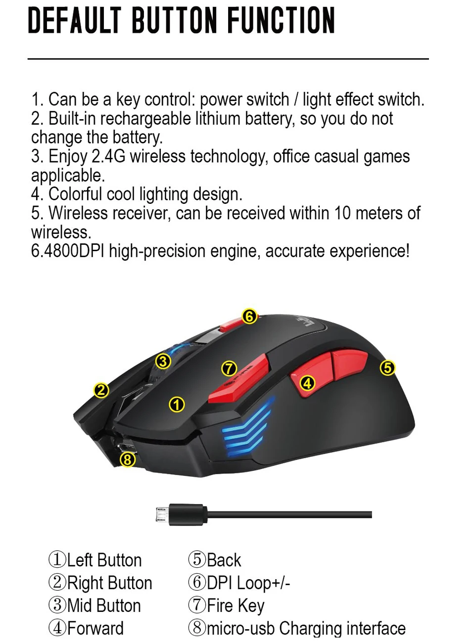 HXSJ T88 Беспроводная игровая мышь 7-Key эргономичный дизайн Поддержка макросъемки 7 цветов подсветки-перезаряжаемая до 4800 точек/дюйм