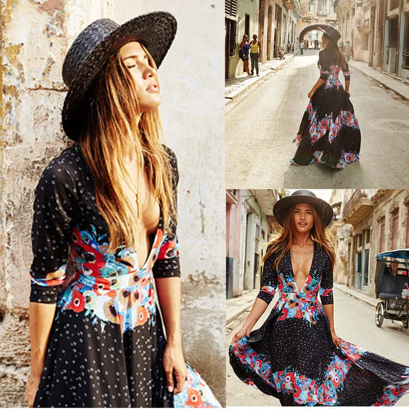 Женское платье лето 2016 длинное макси цветочный принт хлопок сексуальный халат