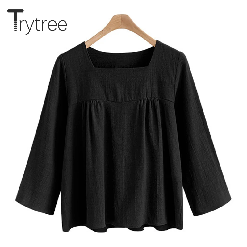Trytree Весна Лето Топ Женская футболка Повседневная хлопковая льняная рубашка