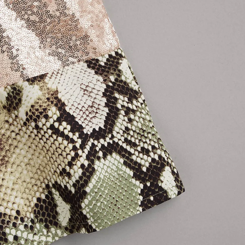 

FREE OSTRICH Women Shirts Casual V-Neck Contrast Snakeskin Print Sequin Cami Tops Elegant Noble Simple Summer Blouse Shirts