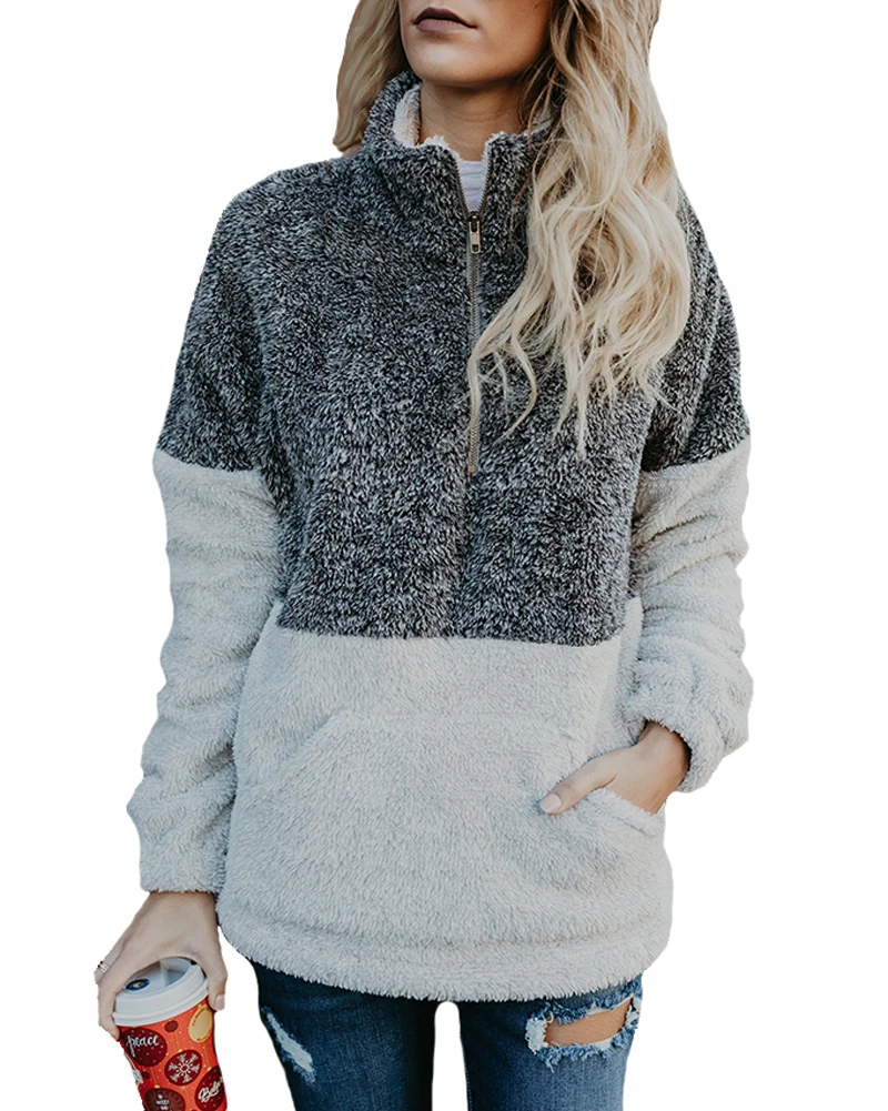 Hitmebox 2019 Autumn Winter Women's 1/4 Zipper Sherpa Knit Soft Fleece Pullover ColorBlock Sweater Outwear Coat kangaroo Pockets | Женская