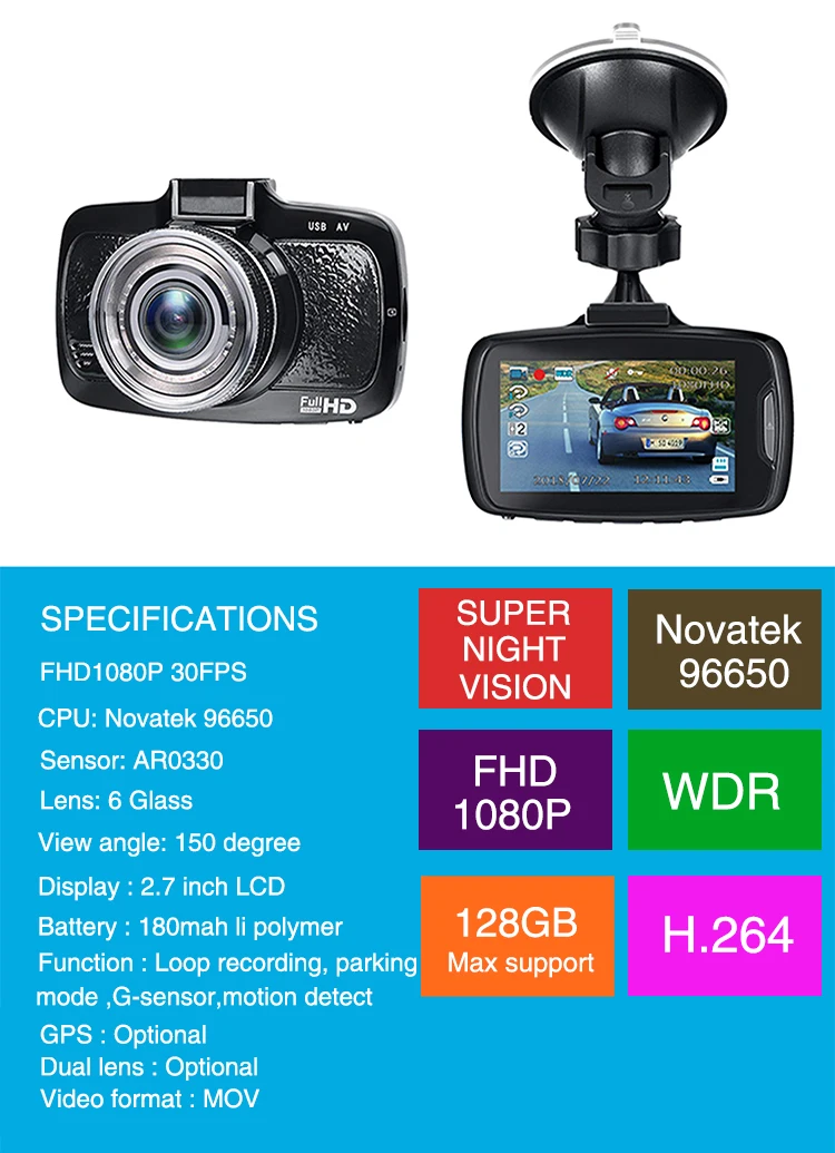 Ainina Автомобильный видеорегистратор Full HD 1080p Novatek 96650 dash cam супер ночное видение автомобильный видеорегистратор камера 2,7 дюймов, H.264, поддержка 128 ГБ