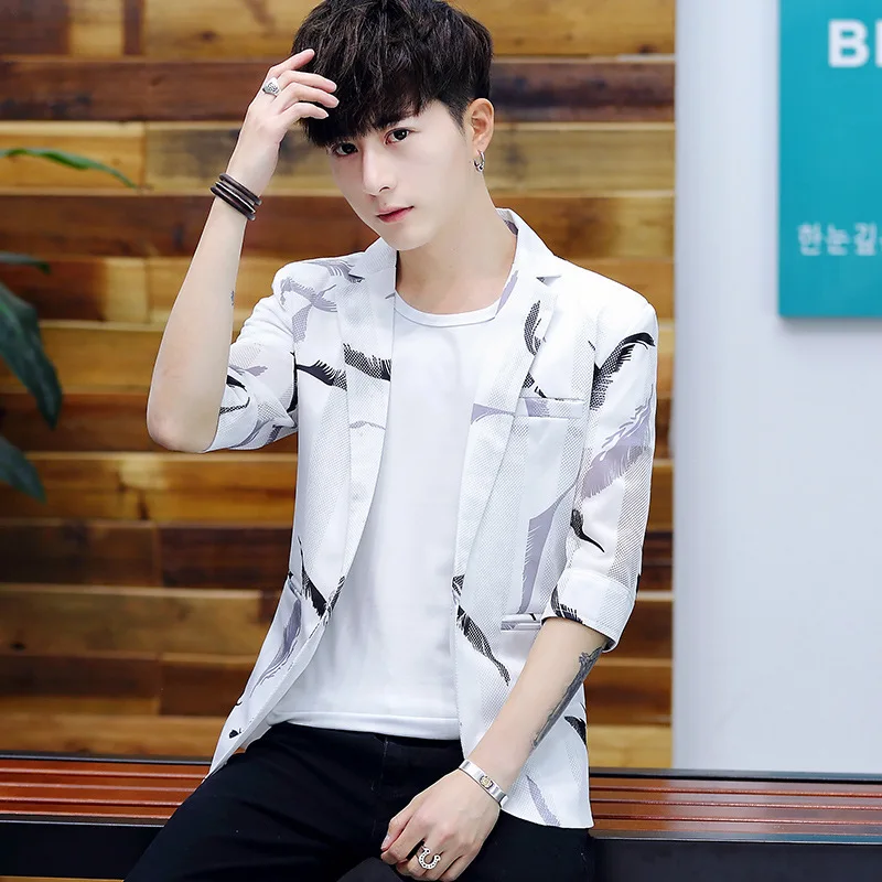 

CO2020 summer men's leisure suit suits the new personality hollow out half perspective Men in the sleeve suit