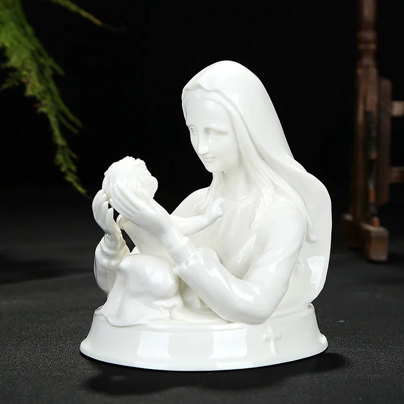 

Beautiful icon of Virgin Mary Catholic Holy Bible prayer beads ceramic ornament white porcelain Madonna Christ Child Sculpture