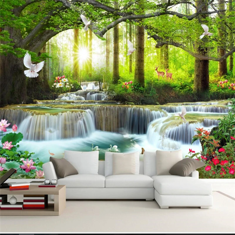 

beibehang Simple Leisure Green Tree Forest Waterfall Landscape Tooling Wall Custom Large Mural Green Wallpaper papel de parede