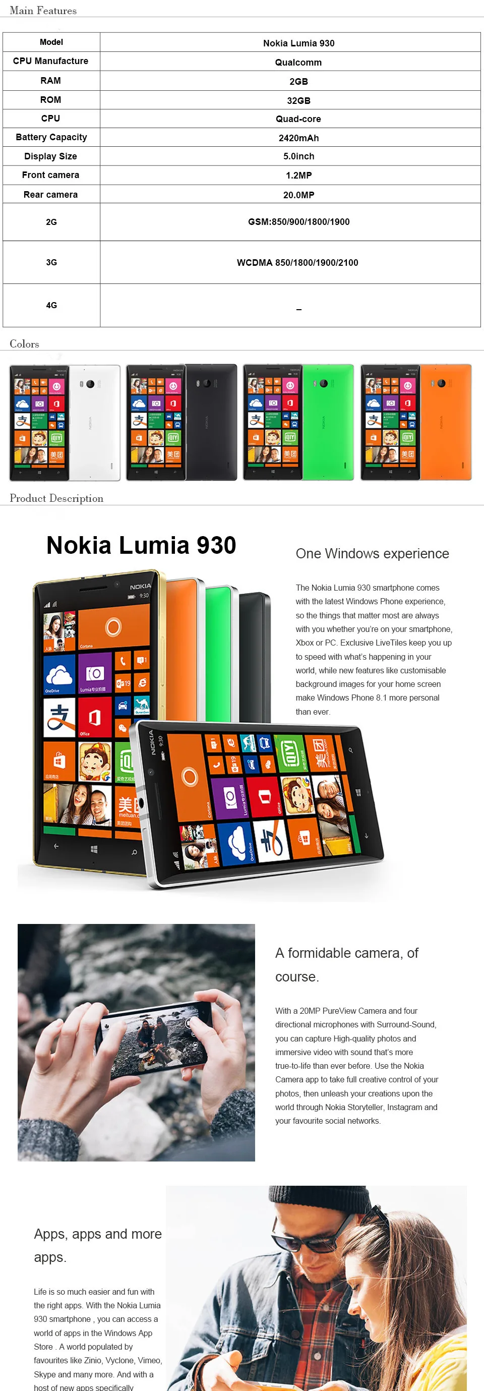 Nokia Lumia 930, разблокирована, 5,0 дюймов, 2 Гб ОЗУ, 32 Гб ПЗУ, МП камера, четыре ядра, LTE, NFC, Windows, мобильная ОС, мобильный телефон
