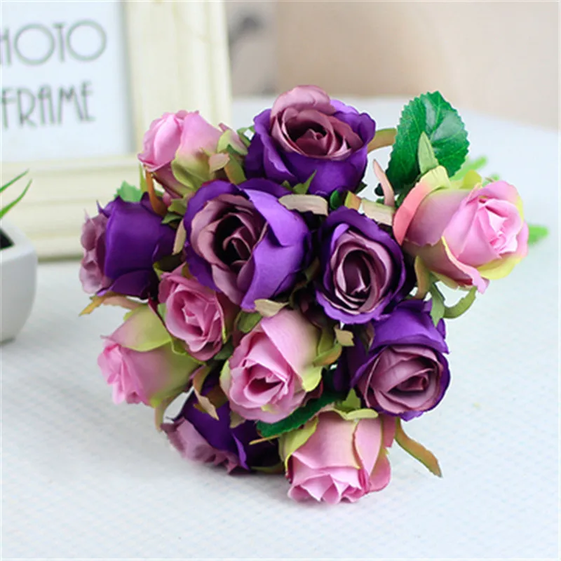 12PCS purple pink 7/8/9/12 шт./лот Искусственные цветы розы свадебный букет год розовый Королевская роза из шелка с цветочным принтом украшения дома Свадебная вечеринка Декор - Цвет: 12PCS purple pink