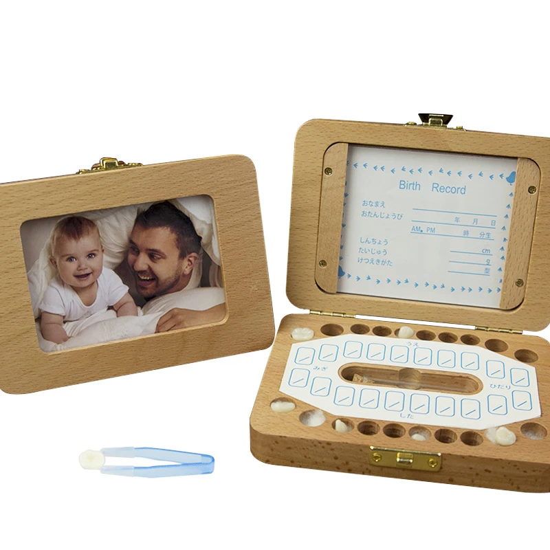 Photo Frame Baby Tooth Box Organizer Wood Kids Teeth Storage Box Save Lanugo Collect First Tooth for Boy Girl Announcement Gift