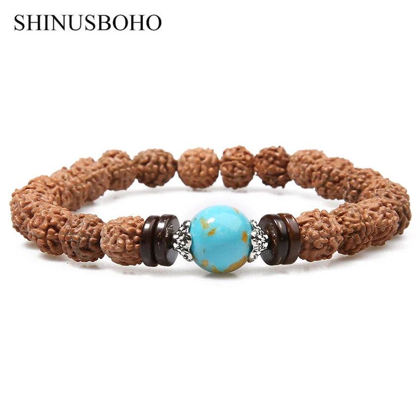 Женский винтажный браслет SHINUS BOHO 8 мм бусы из плодов рудракши на эластичной