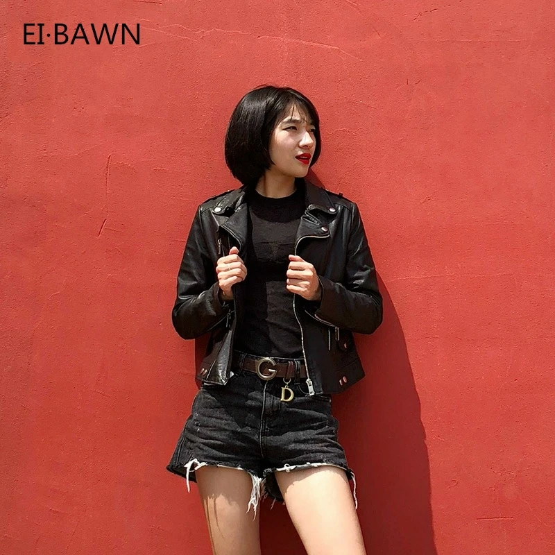 2018 натуральная кожа женские куртки черные мото &amp байкерские молнии Осень Зима