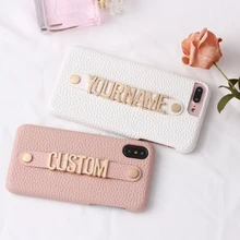Holding Strap Metal Custom Personalize Name Pebble Grain Leather Phone Case Cover For iPhone 12 11 13Pro XS Max XR 7 8Plus X