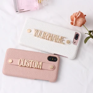 holding strap metal custom personalize name pebble grain leather phone case cover for iphone 12 11 13pro xs max xr 7 8plus x free global shipping