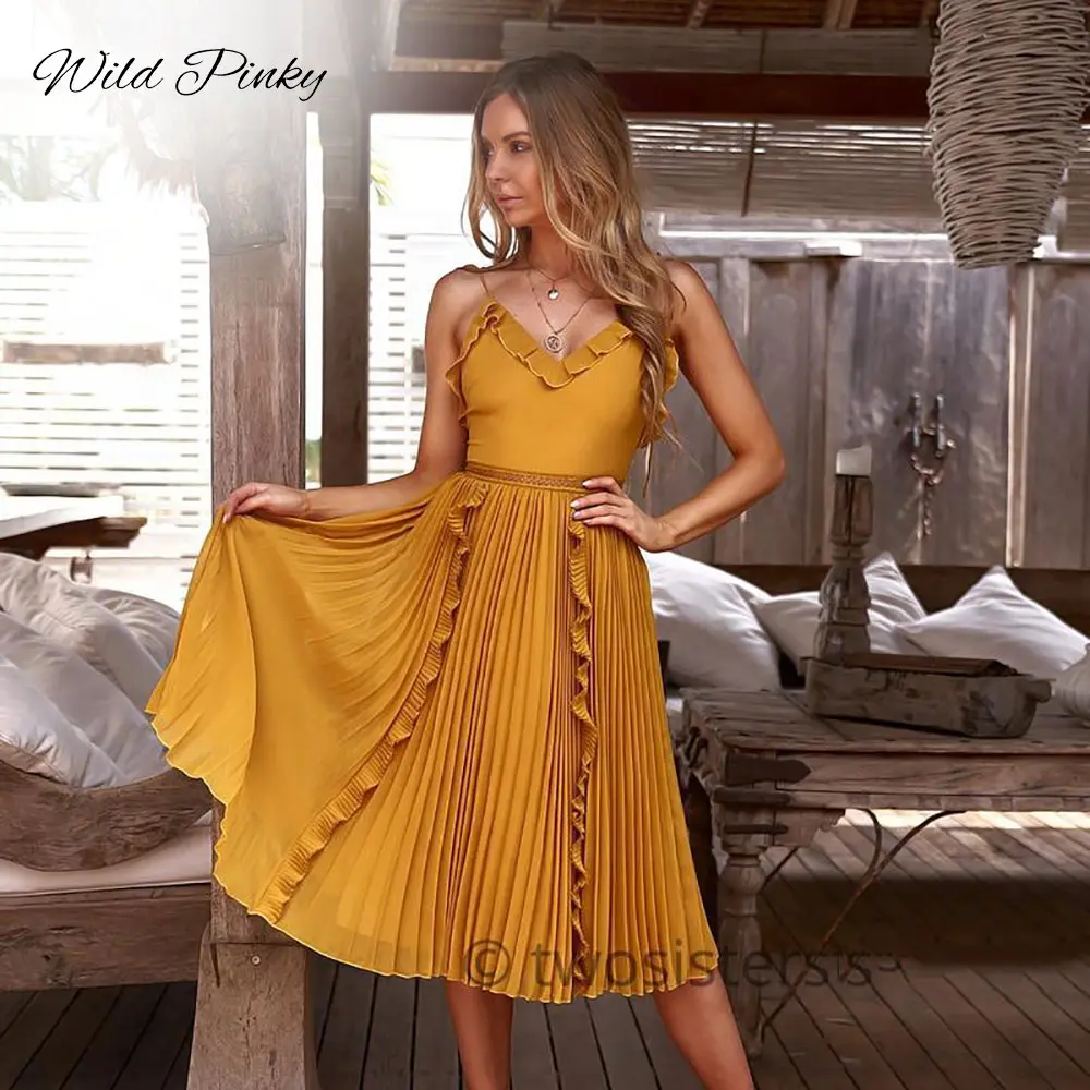 WildPinky летнее платье в полоску Ruffle Peplum длинное Для женщин V шеи спинки сексуальное