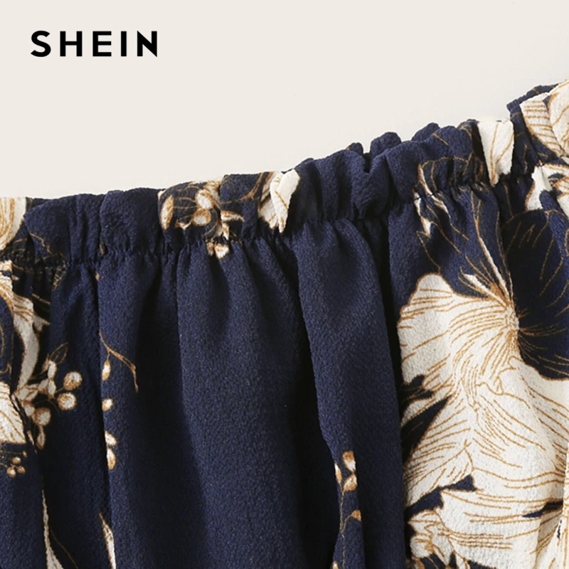 SHEIN/детский комплект одежды для девочек: топ с открытыми плечами и шорты с цветочным принтом в морском стиле, лето, Детский комплект с короткими рукавами для отдыха