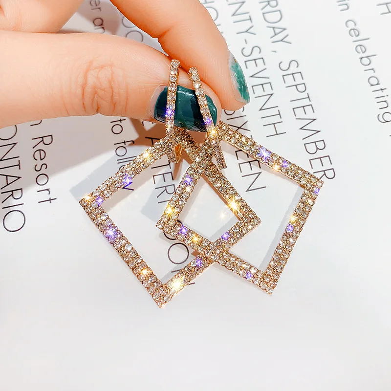 

Shining Rhinestone Geometric Drop Earrings for Women Girls 2019 New Gold Square Dangle Earring Party Jewelry Gifts
