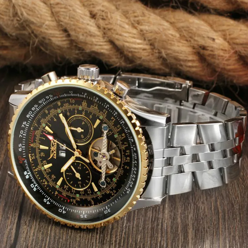 Мужские автоматические механические часы JARAGAR Tourbillon золотые из нержавеющей