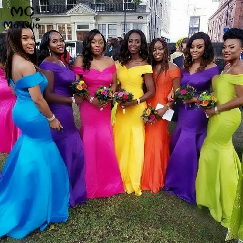 

Colorful 2019 Ready Ship Mermaid Bridesmaid Dresses for wedding Short Sleeve Satin Off Shoulder Bridesmaid Dresses