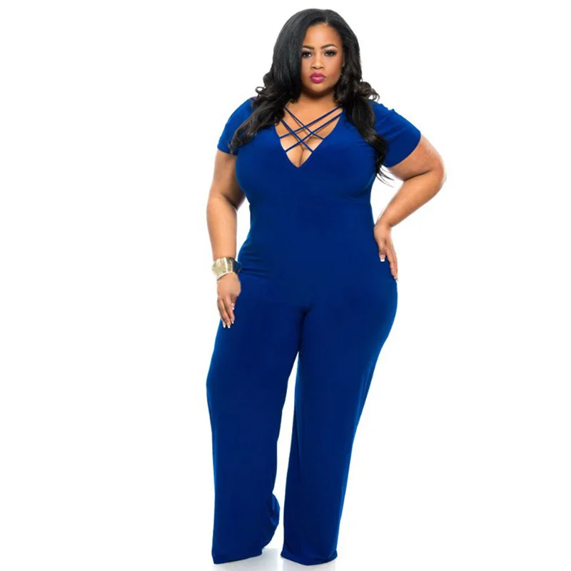 Женский комбинезон синий черный с коротким рукавом и треугольным вырезом |