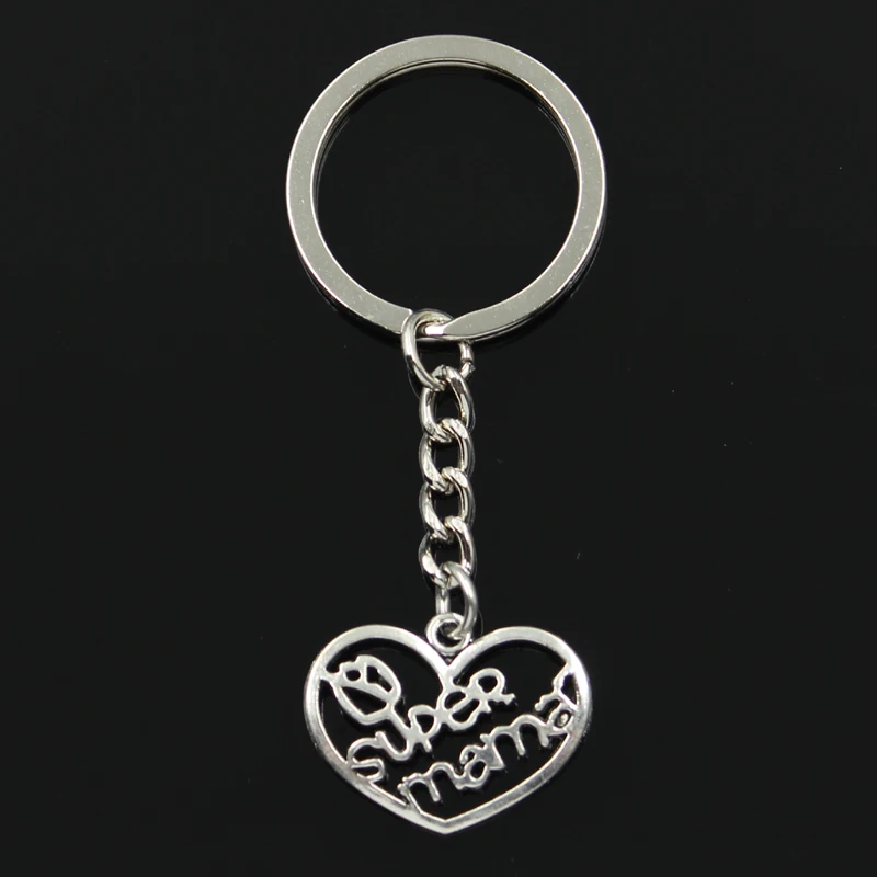 Fashion 30mm Key Ring Metal Key Chain Keychain Jewelry Antique Silver Color Plated Heart Super Mama 20x26mm Pendant