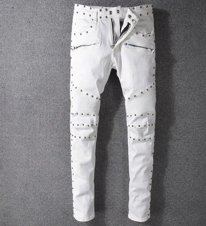 

New France Style 2020 Men's Metal Rivet Moto Pants Ribbed White Skinny Denim Biker Jeans Stretch Slim Trousers Size 29-42