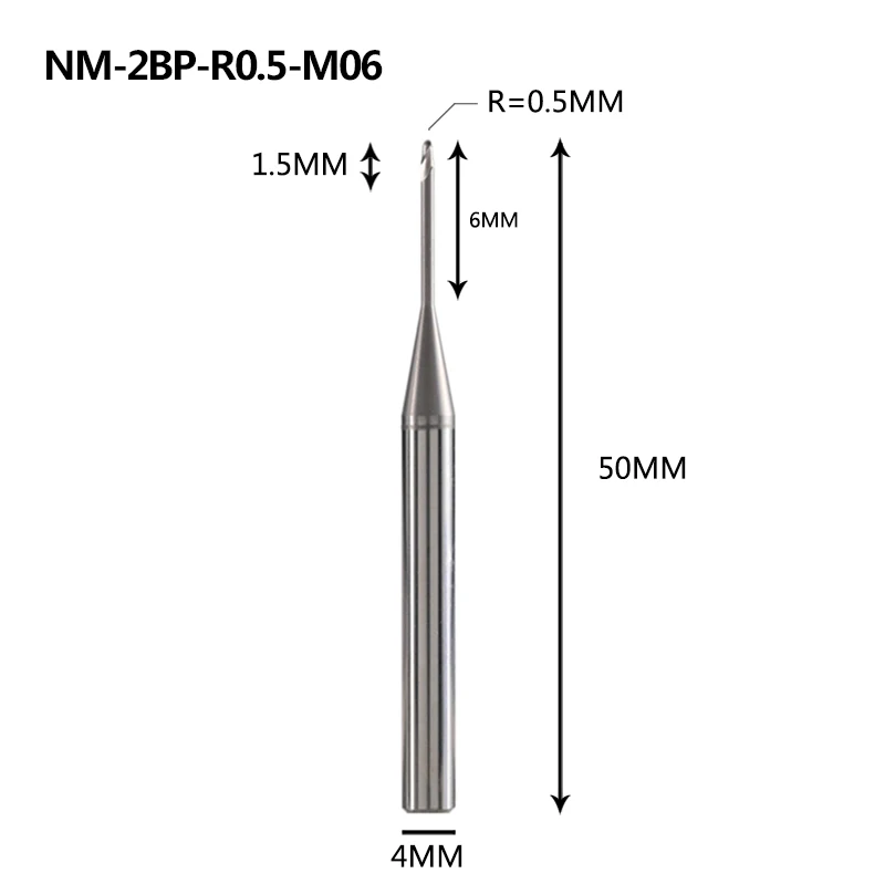 NM-2BP-R0.5-M06 NM-2BP, Вольфрамовая сталь, 2 флейты, круглый нос, длинная шея, с покрытием, Концевая фреза, Фрезерный резак, режущие инструменты для меди и алюминиевого сплава - Длина режущей кромки: NM-2BP-R0.5-M06