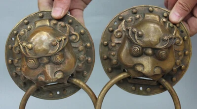 SCY 0 18 см китайская Бронзовая резная маска фэн-шуй Голова Статуя дверь Лев молоток