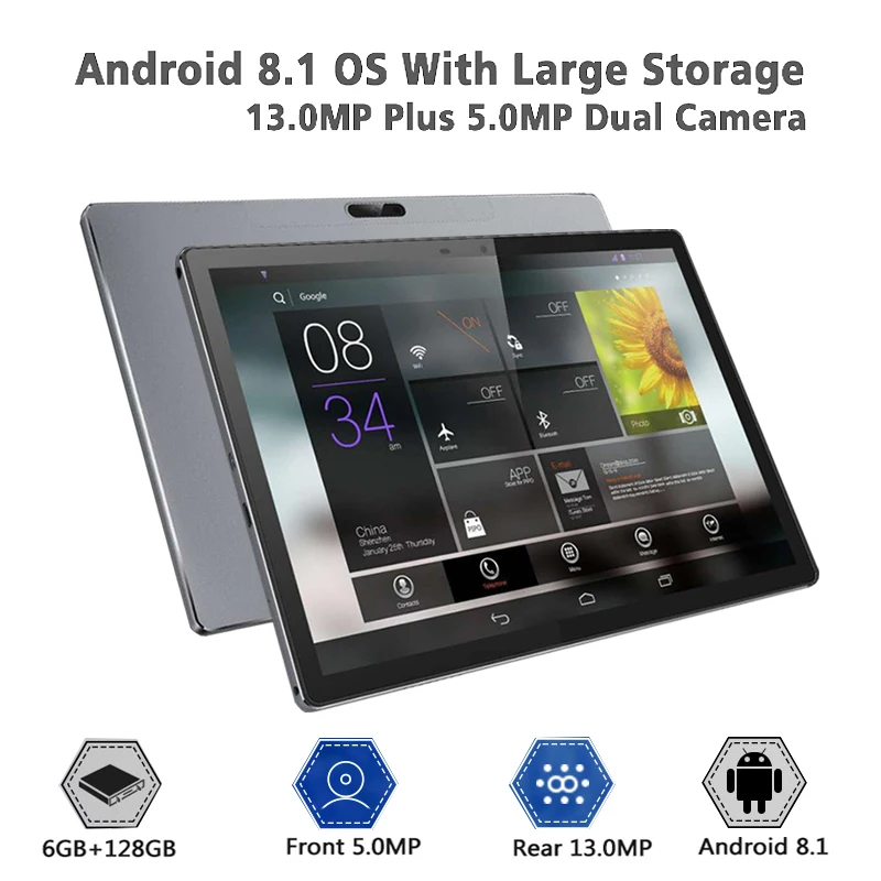 Супер закаленное 2.5D стекло 10 дюймов Android 8,1 планшетный ПК 4G-LTE Deca Core 6 Гб ram 128 ГБ rom 13.0MP HD Две камеры ips Wifi