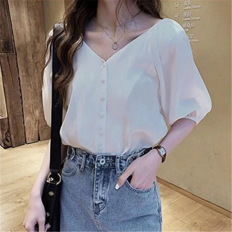 2019 Summer Women White Shirt Feminine Blouse Top Short Sleeve Casual V Collar OL Style Female Button Loose Plus Size Blouses |