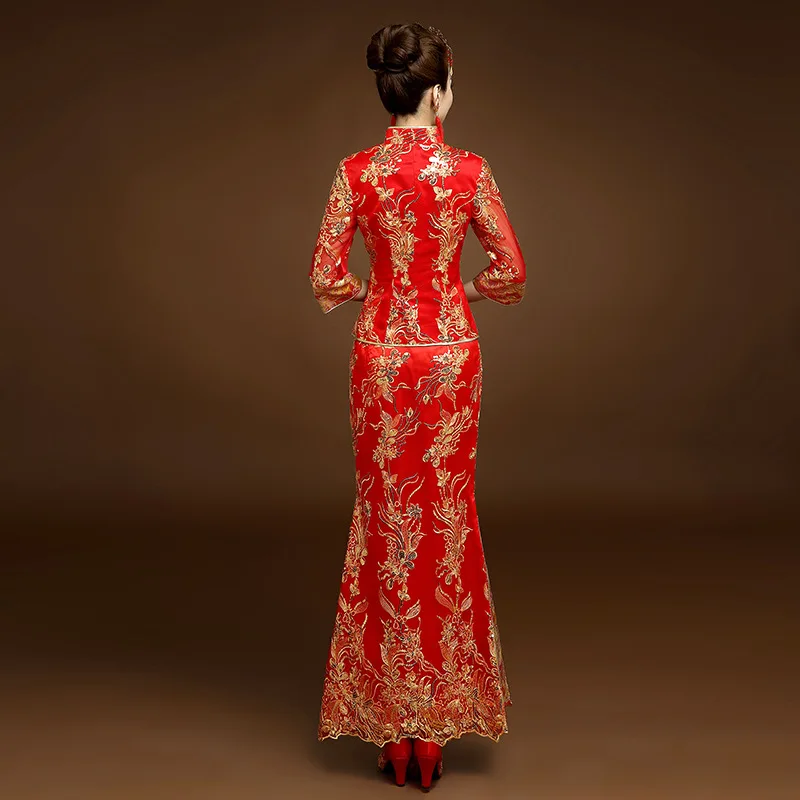 Красный вышивка китайский традиционный Чонсам сексуальные платья Qipao длинное свадебное платье восточные свадебные платья невесты
