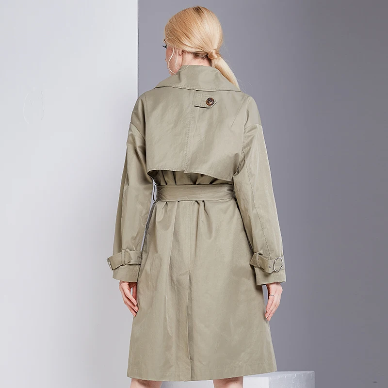 Autumn Winter Trench Coat With Belt for Women Leader Adjustable Waist And Sleeve Slim Solid Green Thin Waterproof | Женская одежда