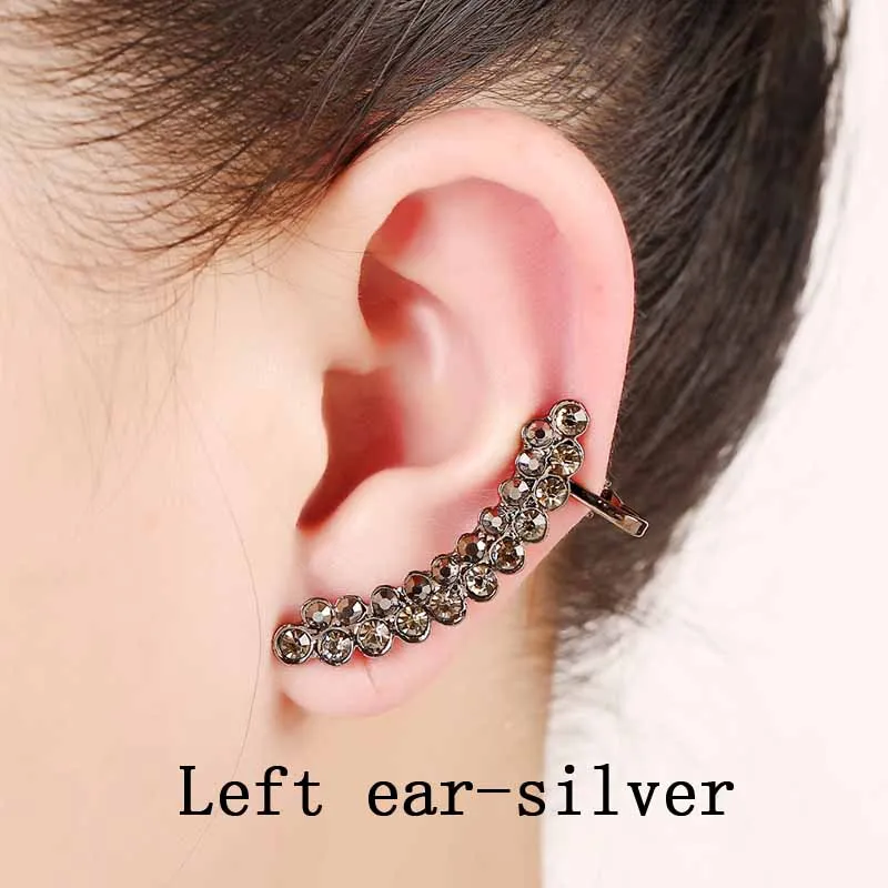 left ear silver Серьги с кристаллами, классические, черные, двухрядные, стразы, ювелирные изделия, панк, для женщин, левое ухо, манжета, изогнутые, полные серьги-клипсы с цирконом - Окраска металла: left ear silver