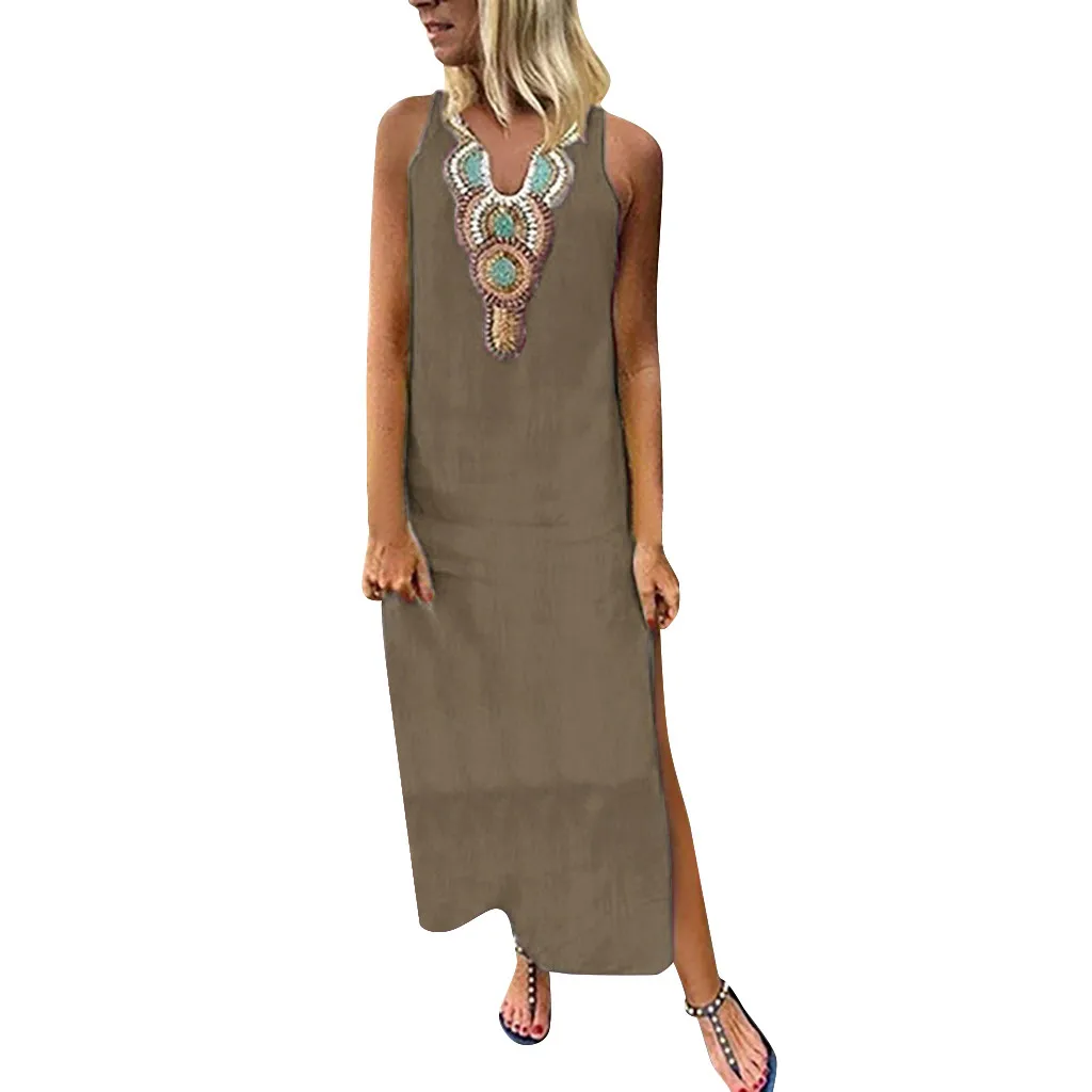 Женское платье с принтом без рукавов v-образным вырезом Макси-платье разрезом по