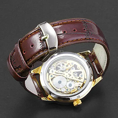 Men's Auto-Mechanical Hollow Engraving Round Dial Pu Band Analog Wrist Watch | Наручные часы