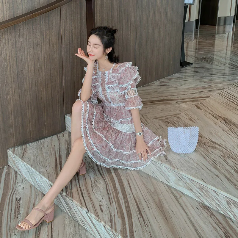 Летнее кружевное шифоновое платье с каскадными оборками пляжные элегантные