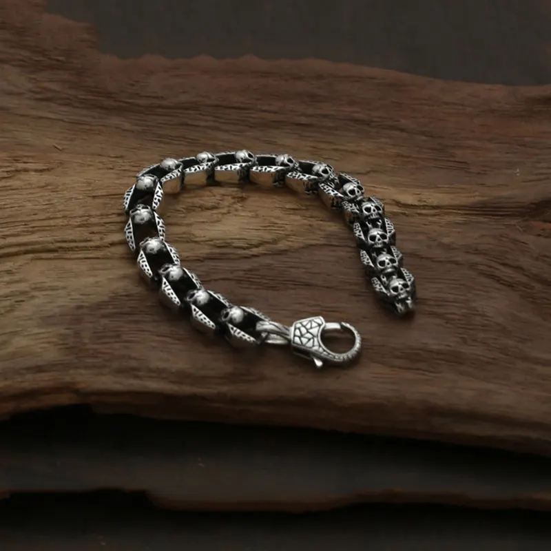 

FNJ Punk Skull Bracelet 925 Silver Width 11mm about 21.5cm Big Original Pure S925 Thai Silver Bracelets for Men Jewelry