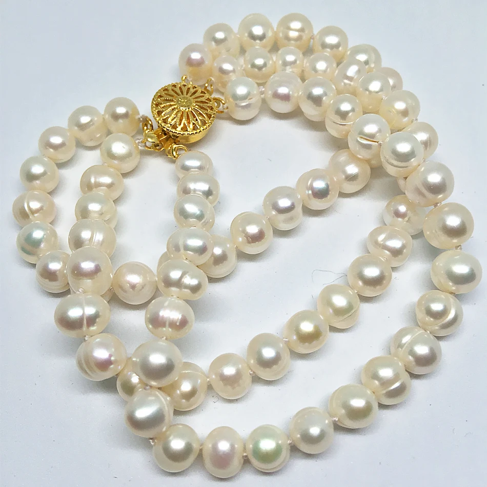 Браслет женский с натуральным пресноводным белым жемчугом 3 ряда 7 8 9 мм|bracelet gold for