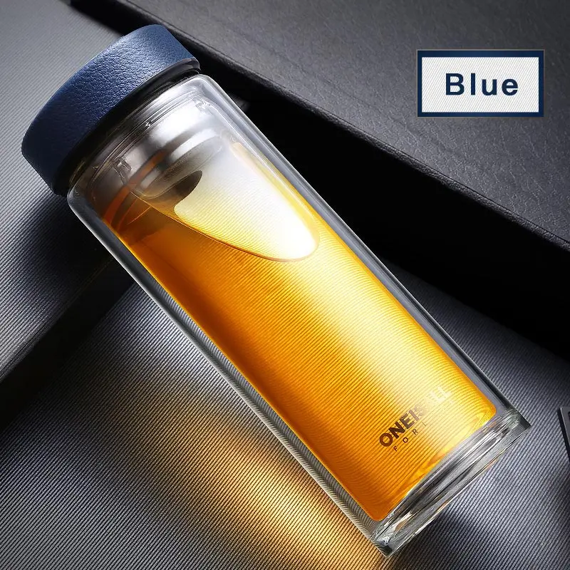 Blue Стеклянная бутылка для воды ONEISALL, 500 мл, нержавеющая сталь, для заварки чая, герметичная бутылка для воды, фруктовый автомобиль, для дома и офиса - Цвет: Blue