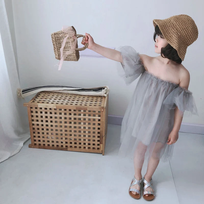 Summer Casual Baby Girls Solid Pattern Off-shoulder Sleeveless Mesh Fairy Dress Cotton Kids Toddler Sundress Super Pretty LT | Детская