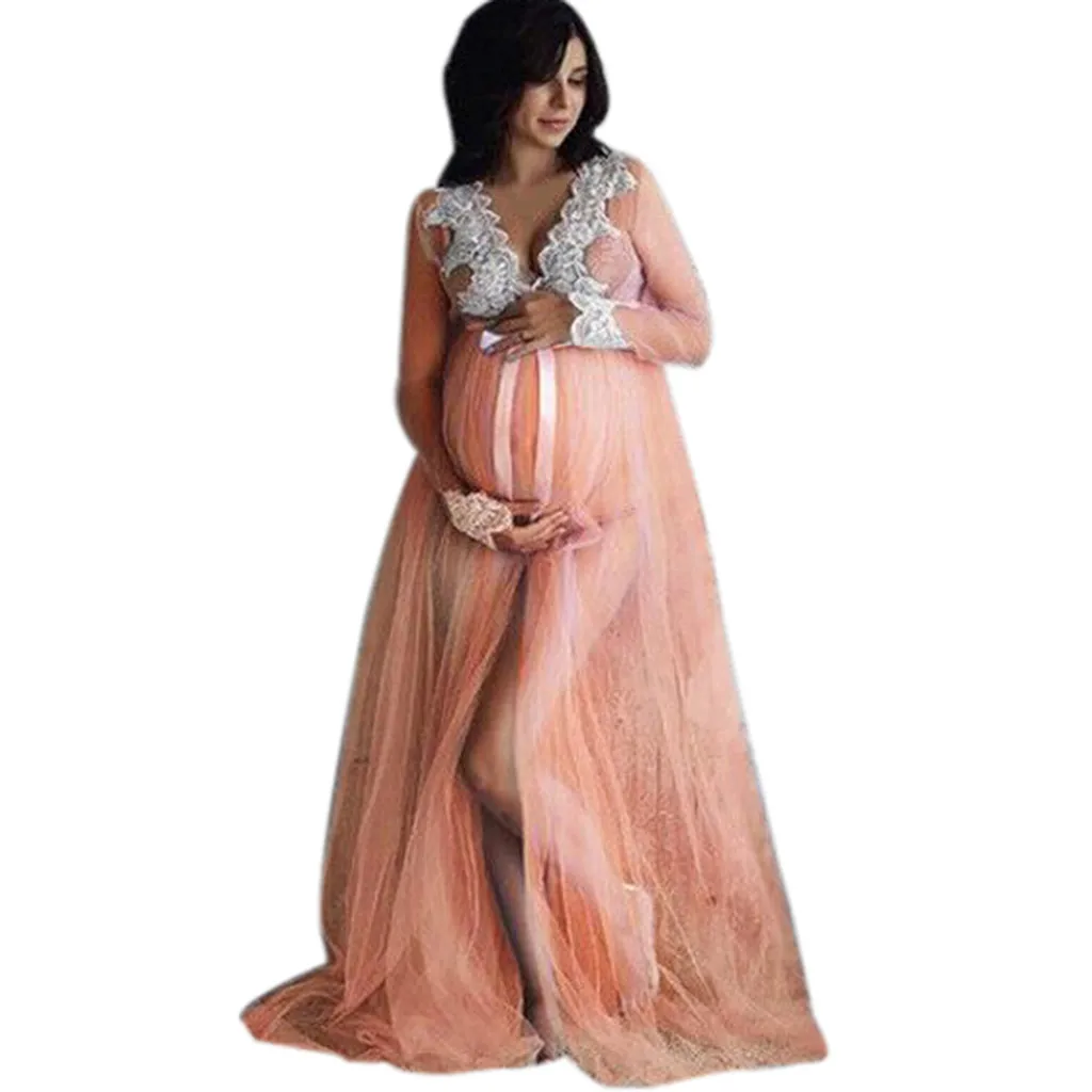 

Pregnant Women Lace Up Long Sleeve Women Lace Dress Women Pregnancy Lace Long Maxi Dress